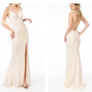 Elizabeth K - GL1814 Ruched Plunging V-Neck Gown With Slit